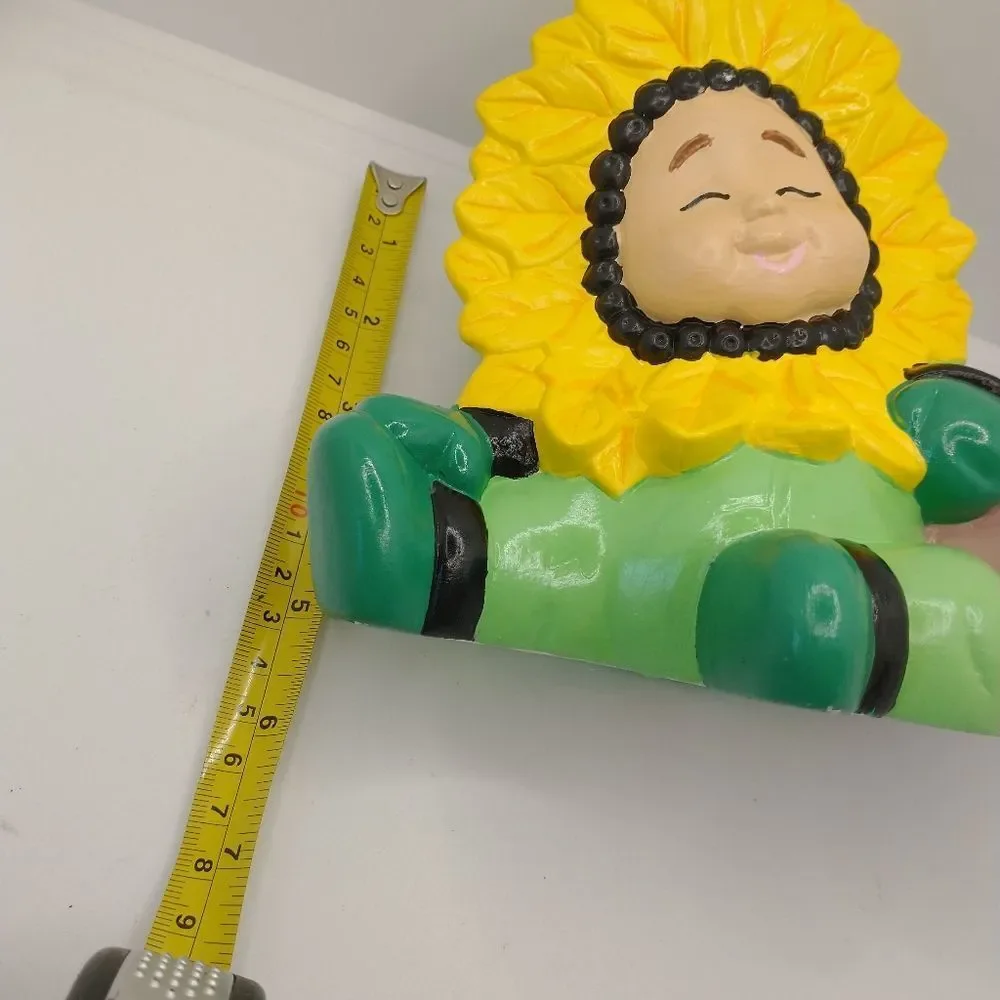 Hand Crafted Sun Flower Baby Figurine Green Flower Pot 5 inch Vintage Ceramic